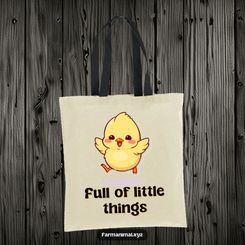 Funny chick tote bag featuring a fluffy chick hopping around excitedly, perfect for daily use and smiles.