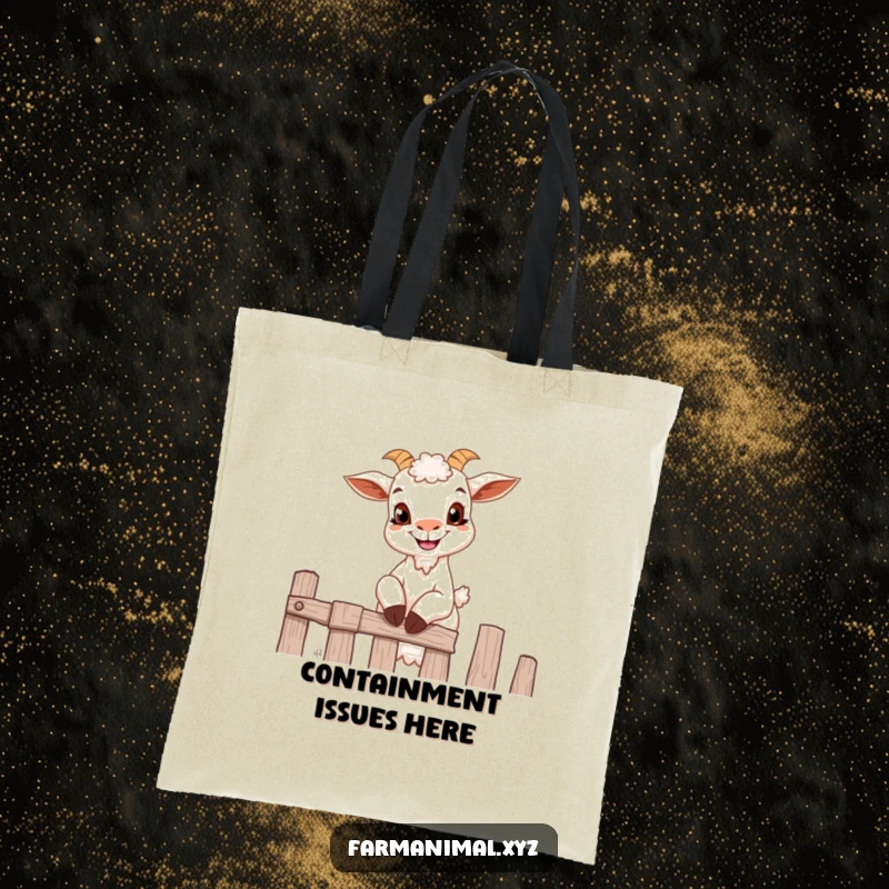 Funny goat tote bag depicting a small goat with a mischievous grin attempting to climb over a fence.