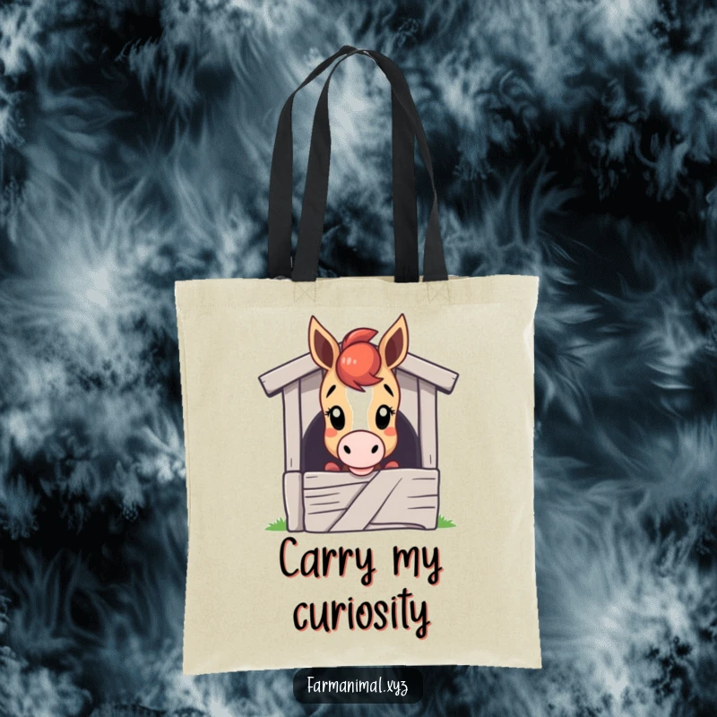 Funny horse tote bag featuring a curious horse character peeking over a stable door, perfect for carrying necessities with a hint of wonder.