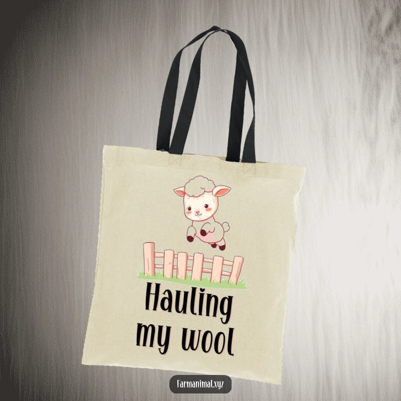 Funny Lamb Tote Bag showcasing a cheerful lamb mid-leap over a fence, perfect for carrying daily items with a playful spirit.