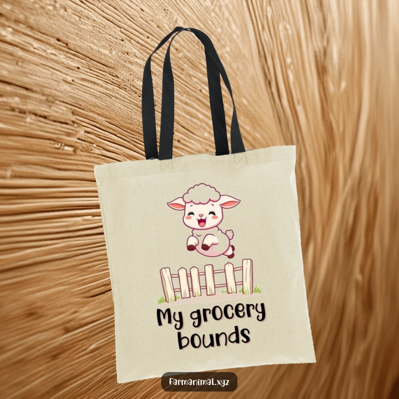 Funny playful lamb leaping over a fence on a durable tote bag, showcasing humorous and charming farm animal art.
