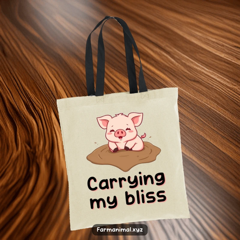 Funny tote bag featuring a happy pig rolling in a heart-shaped mud puddle, spreading joy.