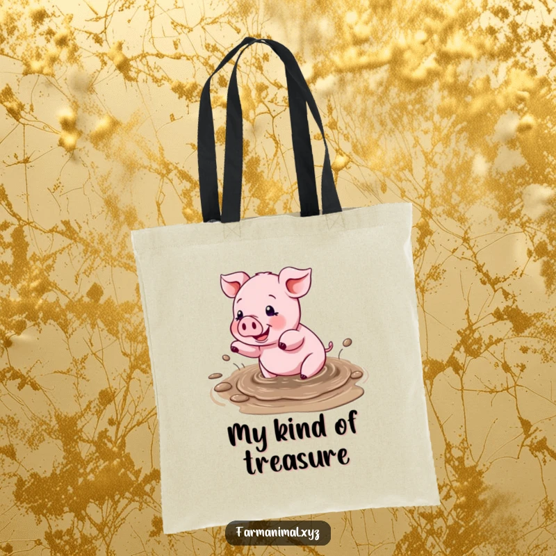 Funny tote bag with a cute pig happily splashing in a mud puddle, perfect for carrying essentials with a touch of humor.