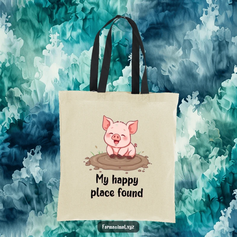 Funny piglet tote bag, happily rolling in a muddy puddle, carrying groceries or essentials with farmyard charm, a humorous accessory.