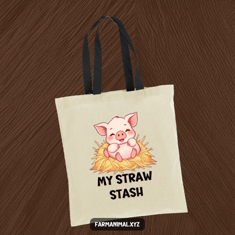 Funny piglet joyfully rolling in a pile of soft straw, a humorous and practical tote bag for pig lovers.