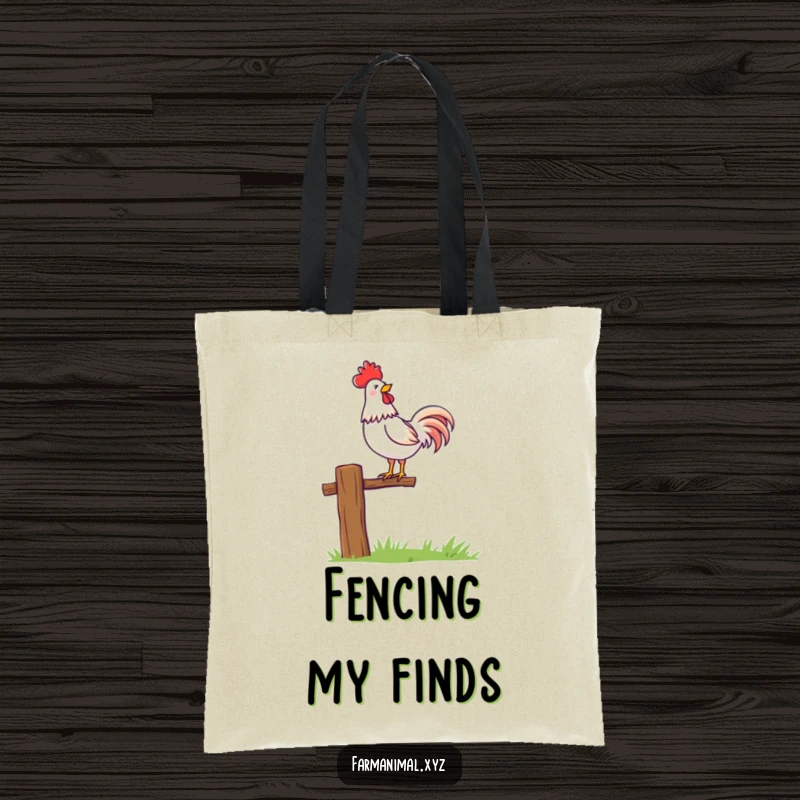 Funny rooster character proudly crowing atop a fence post, a practical and humorous tote bag for everyday use.