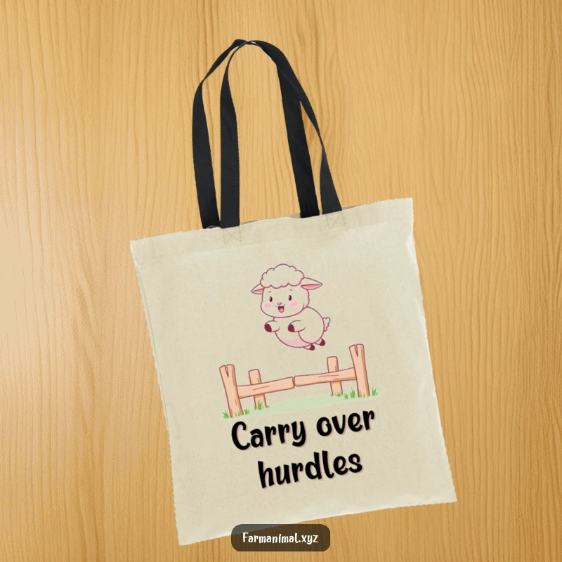 Funny Sheep Tote Bag: A sheep playfully jumps over a fence, perfect for carrying everyday necessities with a smile.