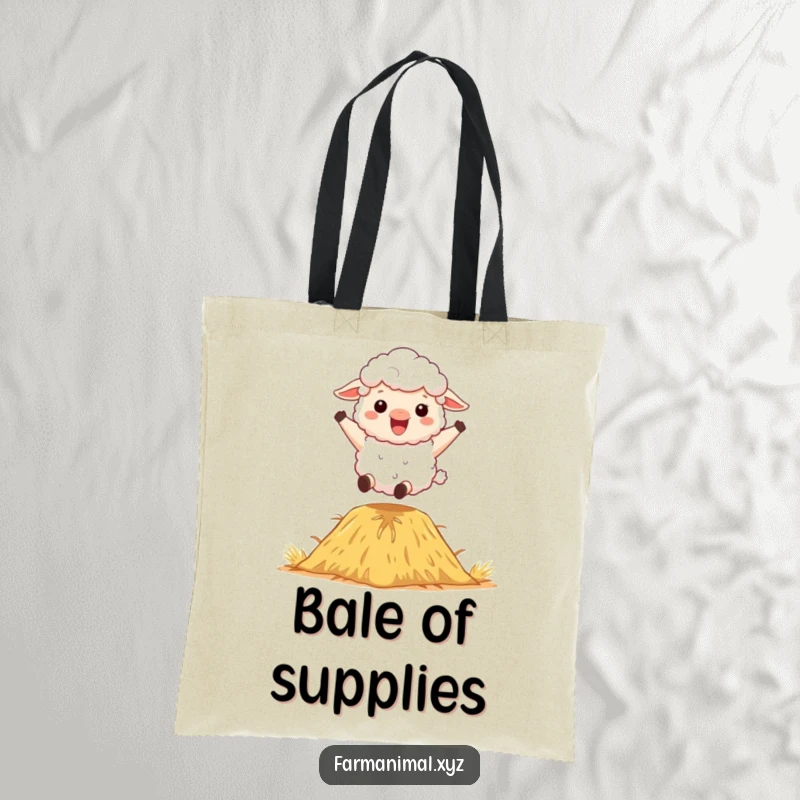 Funny Sheep Tote Bag: A fluffy sheep character happily bouncing on a haystack, perfect for carrying essentials.