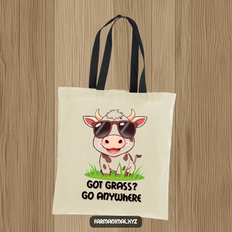 Funny cow wearing sunglasses, happily munching grass on a tote bag, stylish and humorous.