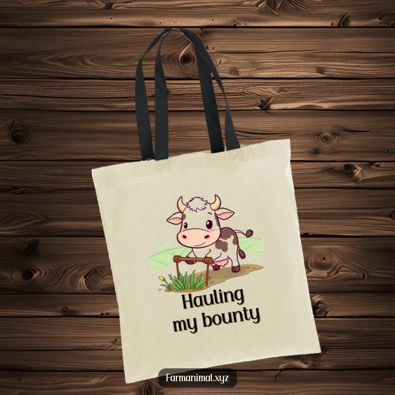 Funny cow tote bag featuring a determined character smiling while plowing a small field, ideal for carrying essentials with humorous farm pride.