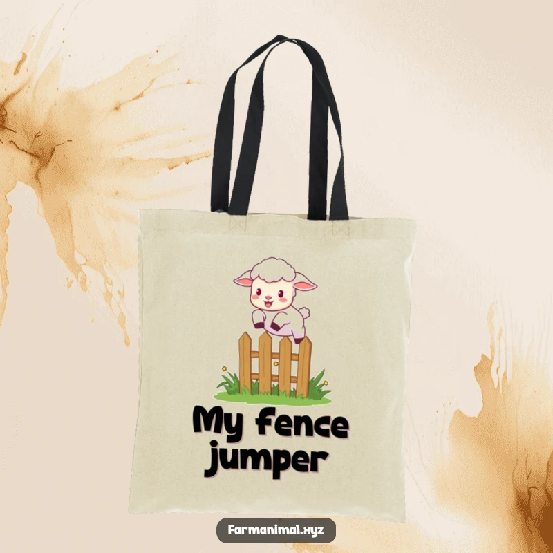 Funny lamb leaping over a small garden fence with excitement, a humorous and practical tote bag for lamb lovers.