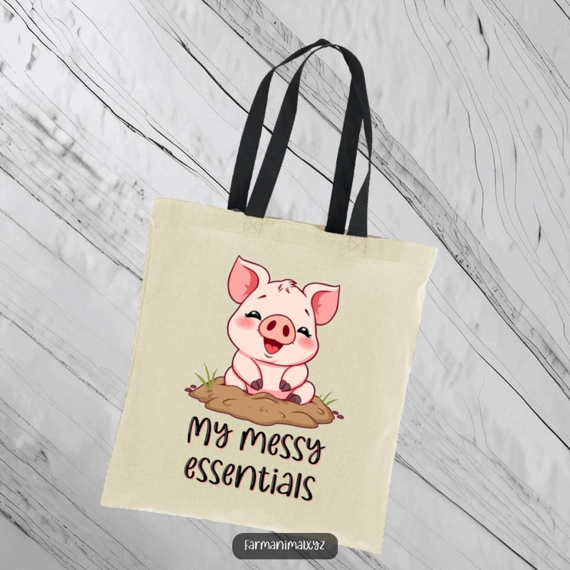 Funny cheerful piglet happily rolling in mud, featured on a sturdy tote bag, showcasing humorous farm animal charm.