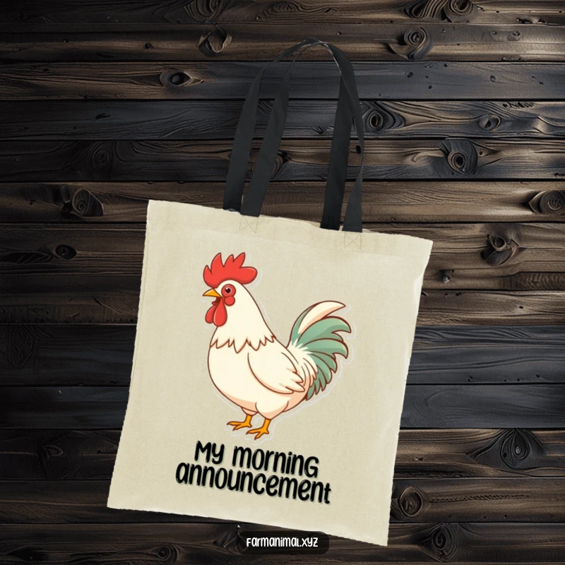 Funny Rooster Crowing Tote Bag, showcasing a rooster puffing its chest and letting out a loud, comical crow, perfect for farm-themed comedy.