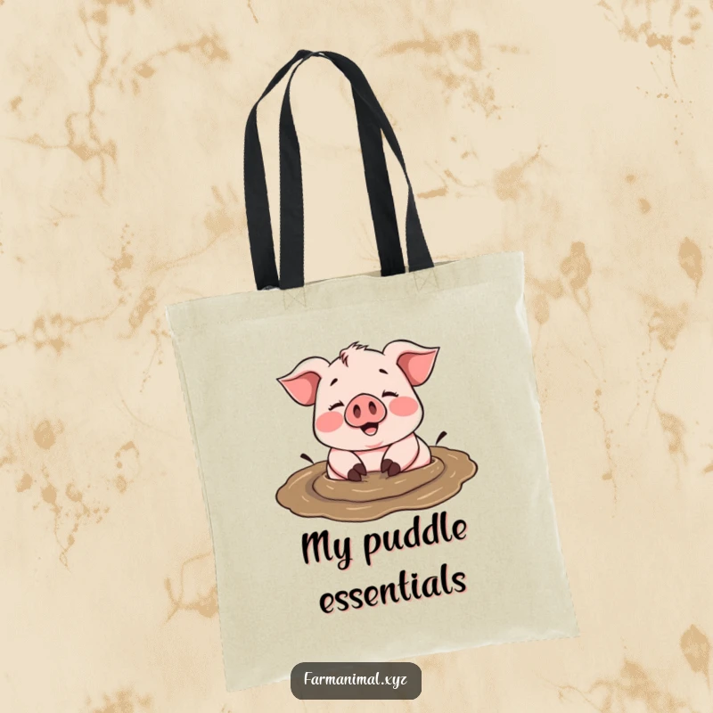 Funny cheerful pig happily rolling in a mud puddle, a joyful creature on a durable tote bag.