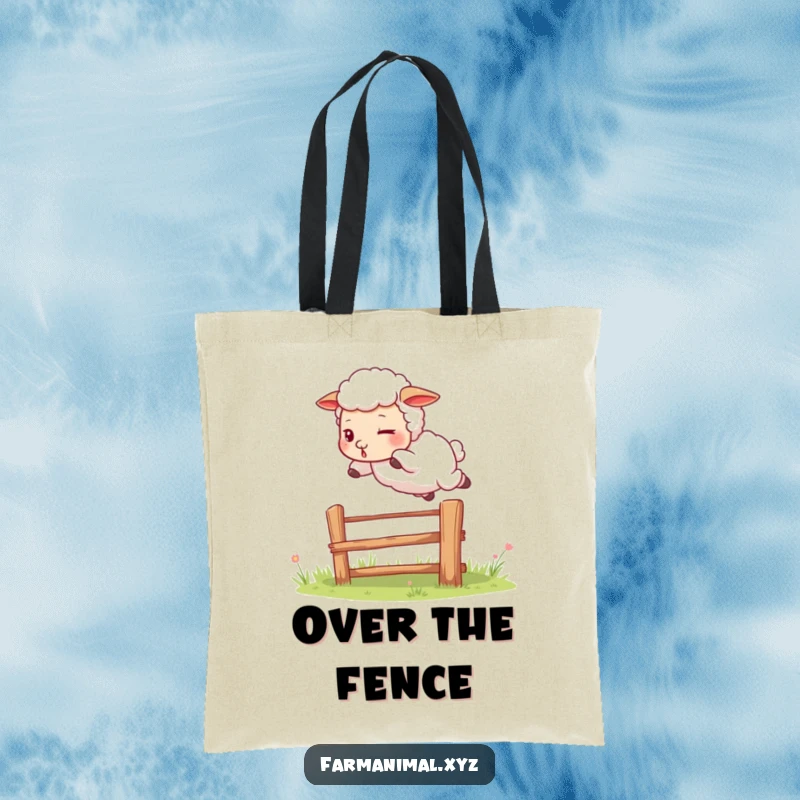 Funny sheep tote bag featuring a determined sheep leaping over a fence, a stylish and humorous accessory for carrying essentials.